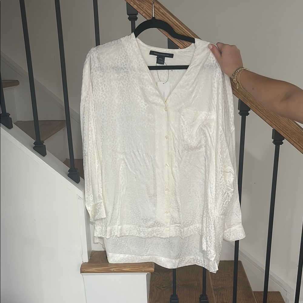 French Connection White Buttoned Blouse with Mandarin Collar